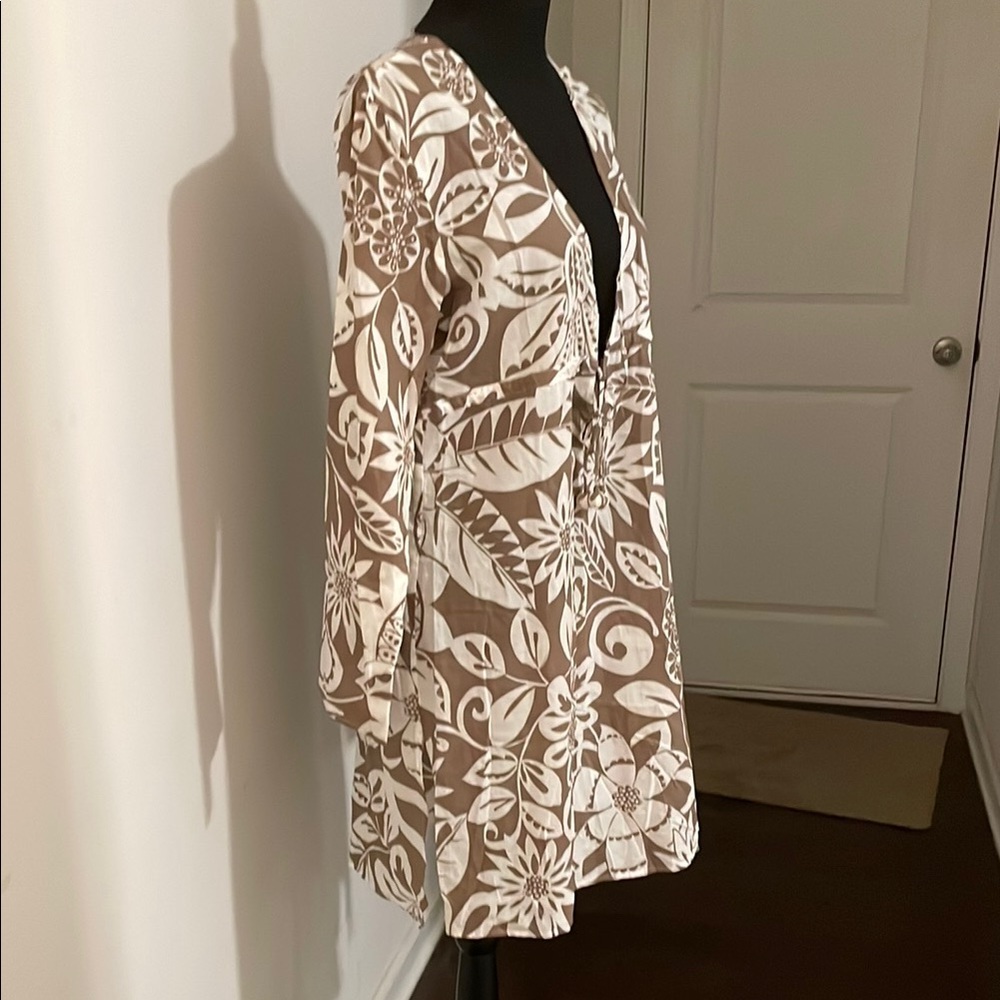 Echo Floral Summer Dress Size M Taupe Tropical Neutral All Cotton Beach Coastal
